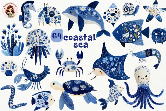 Evaluating Coastal Sea Animals Blue Watercolor PNG for Professional and Personal Design Projects
